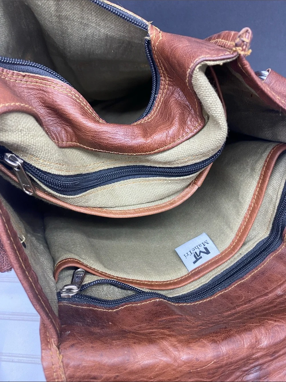 MaheTri Historic Brown Leather Backpack Messenger Bag